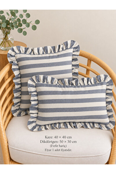 Decamor home Lina 100% Linen Ruffled Throw Pillow Cover Blue Ecru