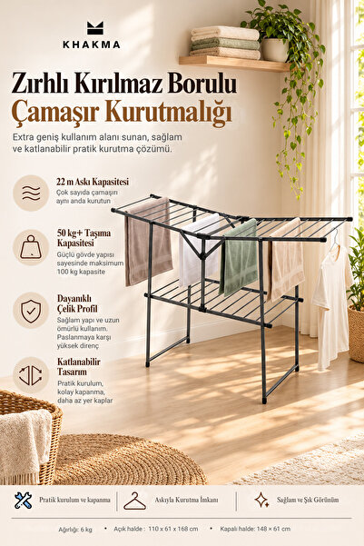 KHAKMA Katlanabilir Çamaşır Kurutmalık – Çelik Kanatlı Kurutma Askısı - 50 KG...