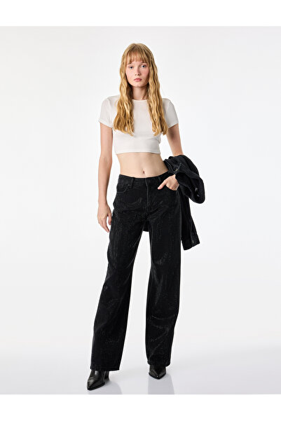 Koton Stone Detailed Buttoned High Waist Straight Leg Denim Trousers - Straig...