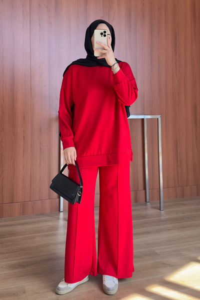 Feela Moda Kadın Oysh Modal Kumaş Oversize Tesettür Tunik Takım 2020 Kırmızı
