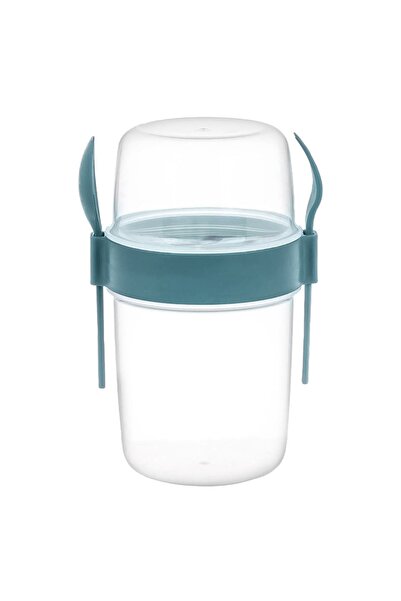 OEM Caserola Dubla din Plastic cu Furculita & Lingura Turcoaz Take Away 1.1L