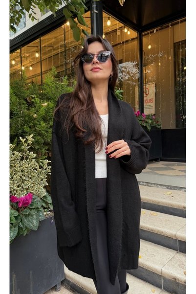 Vaveyla Women's Black Shawl Collar Knitwear Cardigan |   Oversize & Comfortable Model