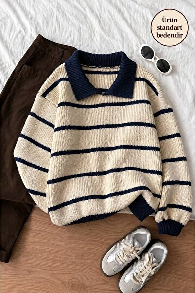 pepule Çizgili Polo Yaka Selanik Örgü Oversize Kadın Triko Kazak