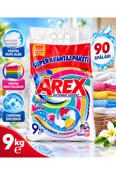 AREX Detergent Pudră Rufe Albe și Colorate, 9 kg, 90 Spălări, Automat Expert