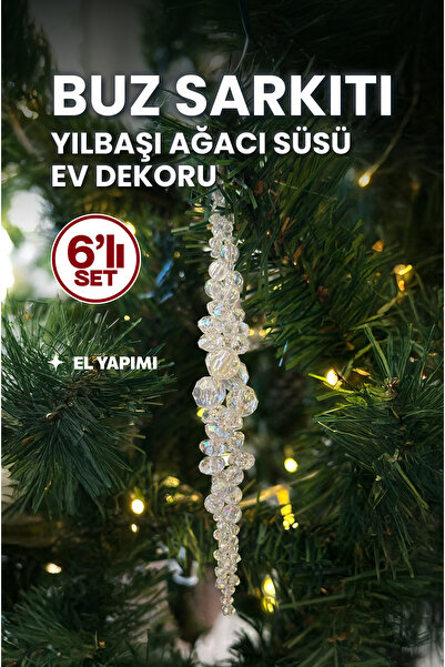 Buz Sarkıtı 6'lı Set Yılbaşı Çam Ağacı ve Ev Dekorasyonu Süsü / Janjanlı Akrilik Boncuklu