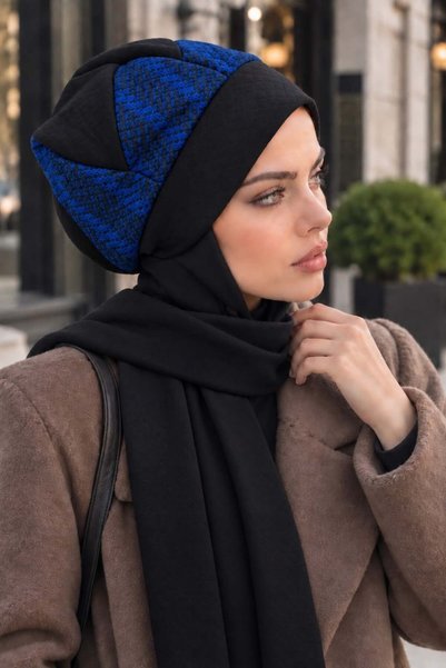 Aişe tesettür Black Blue Garnished Hijab Beanie