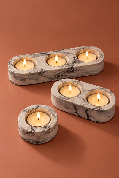 7Light Atelier 3'lü Dekoratif Tealight Mum Seti | Siyah Mermer Desenli Mum | ...