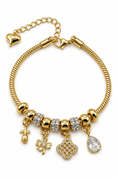 Stelle Jewelry Charm Detaylı Çelik Bileklik Taşlı Yonca Damla ve Çiçek Figürl...