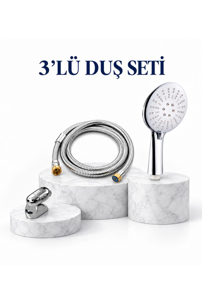 Duş Seti Nil - 150cm İçi Çelik Örgülü Spiral - 3 Fonksiyonlu Krom Kaplama El Duşu