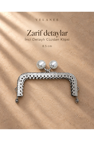 velanee Gümüş Rengi İnci Detaylı Metal Cüzdan Klipsi – 8,5 cm