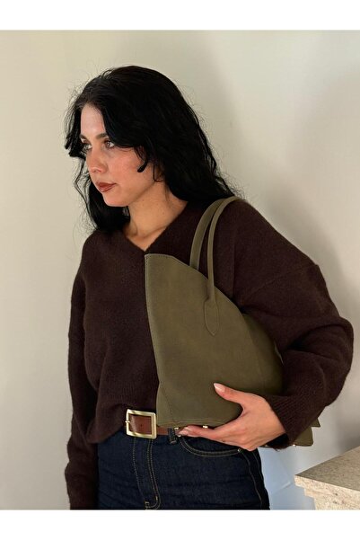 lalettobags Women's Khaki Begonia Model Suede Double Handle Shoulder Bag