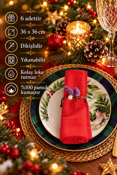 Emtory Home 6'lı Kırmızı Pamuk Kumaş Servis Sunum Peçetesi - Yılbaşı Konsept ...