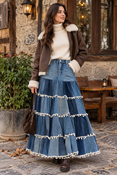 ÇATI KATI Vintage Özel Tasarım Patchwork Detaylı Püsküllü Kot Etek