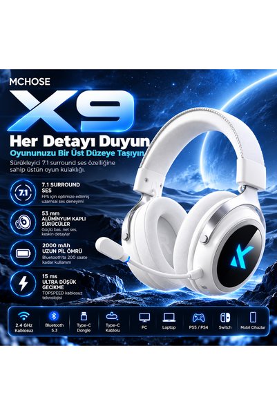 MCHOSE X9 Beyaz 7.1 Surround Kablosuz Gaming Kulaklık (MC-X9-1)