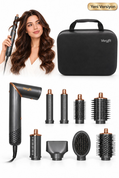 VERYFİT 8 in 1 Hava Üflemeli Saç Düzleştirici Şekillendirici Compact Saç Kuru...