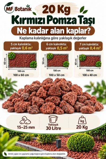 MF Botanik Kırmızı Pomza Taşı 15-25 Mm 20 KG Volkanik Cürüf Ponza Lav Kırığı