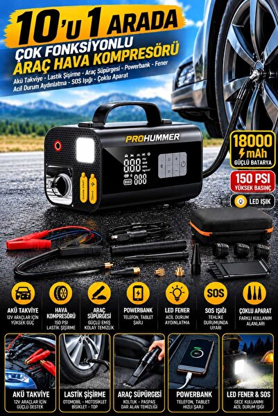 PROHUMMER PHM014 10'u 1 Arada 150 PSI Araç Hava Kompresörü Lastik Şişirme Pom...