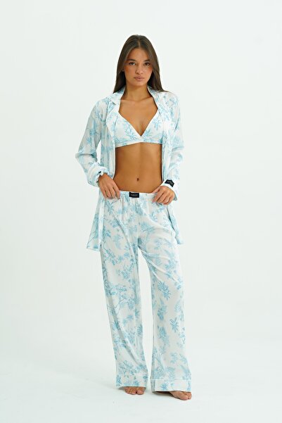 WAQUIN Azure Bloom Trio 4 Parça Saten Pijama Seti