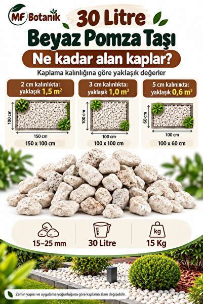 MF Botanik Beyaz Pomza Taşı 15-25 Mm 30 Litre - 15 KG Volkanik Cürüf Ponza La...