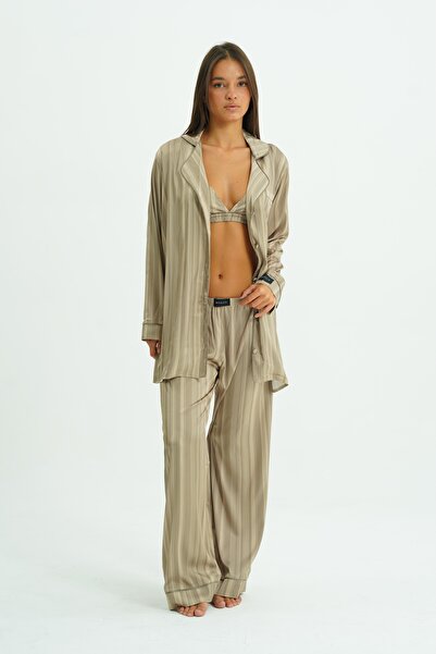 WAQUIN Veloura Sand 4 Parça Saten Pijama Seti