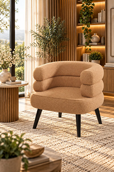 Taimi كرسي بوكليه بني عصري، مقعد استرخاء مبطن فاخر بأرجل سوداء، 74×62×70 سم ل...