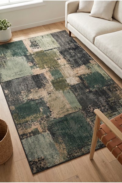 RUGPERA Aldric Yeşil Soyut Patchwork Dijital Baskı Kaymaz Pamuklu Taban Salon...