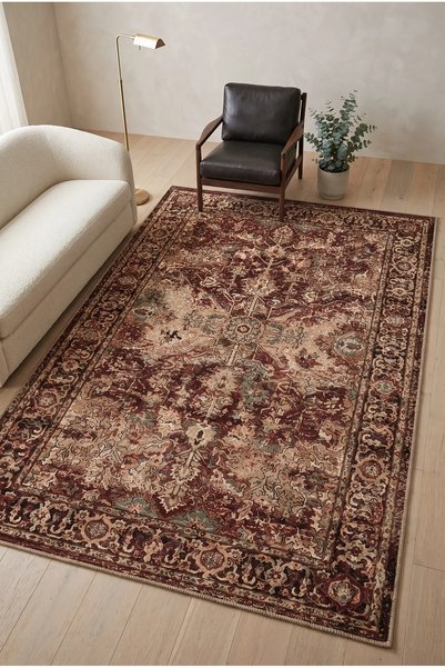 RUGPERA Lavin Bordo Bej Vintage Dijital Baskı Kaymaz Pamuklu Taban Yıkanabili...