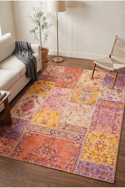 RUGPERA Runa Hardal Sarısı Turuncu Lila Pudra Patchwork Floral Madalyon Desen...