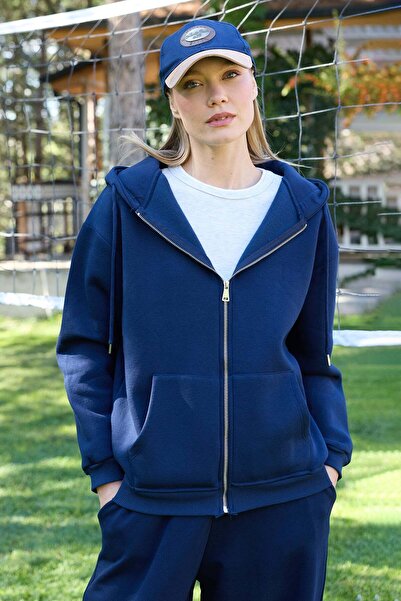Fulla Moda Basic Fermuarlı Kapüşonlu Oversize Sweatshirt