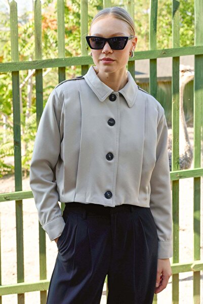 Fulla Moda Pileli Kruvaze Yaka Crop Trençkot