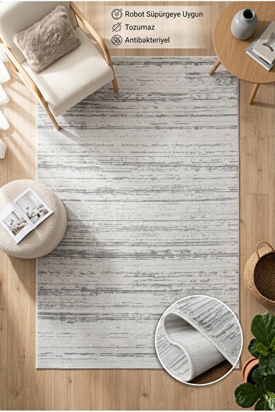 Estiva Home Gri Krem Çizgili Tozumaz Halı Modern Salon Oturma Odası Yolluk