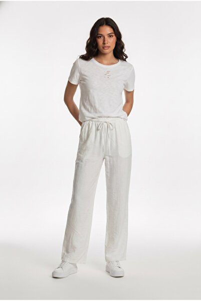 COTTONLAB Pantaloni albi cu efect de in, croială lejeră, cu talie legată la t...