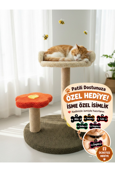 Kedi Tırmalama Tahtası Zıp Zıp Kedi Yatağı Oyun Platformlu Kedi Evi ve Tırmalama Alanı Papatya ve Arılı Tırmalama