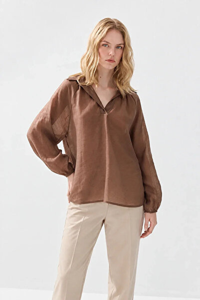 Gusto Shirt Collar Tencel Blouse - Brown