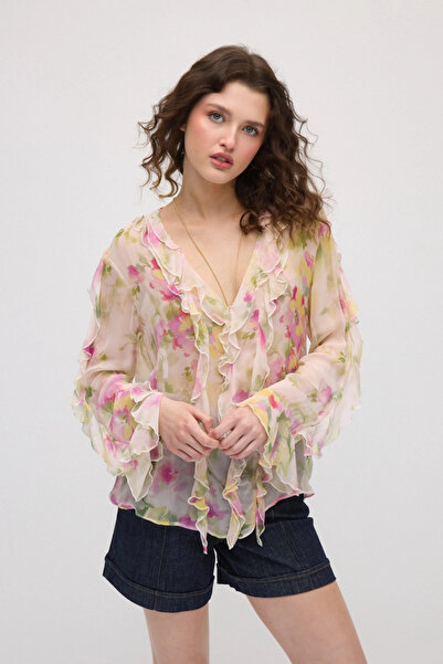Gusto Floral Print Romantic Chiffon Blouse - Pink