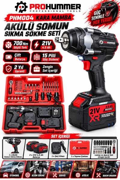 PROHUMMER PHM004 Kara Mamba Profesyonel Akülü Somun Sıkma Sökme Seti 700Nm - ...