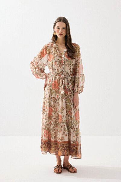Gusto Floral Patterned Long Chiffon Dress - Orange