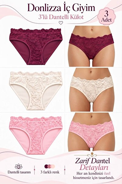 DONLİZZA 3600 Ön Dantel Külot Mor Ekru Pembe 3 Adet