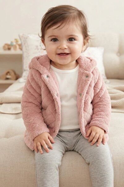 Bebitof Kız Bebek Pudra Pembe Peluş Kapüşonlu Fermuarlı Hırka