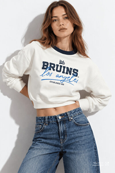 UCLA MELLO Kemik Rengi Bisiklet Yaka Crop Baskılı Loose Fit Kadın Sweatshirt