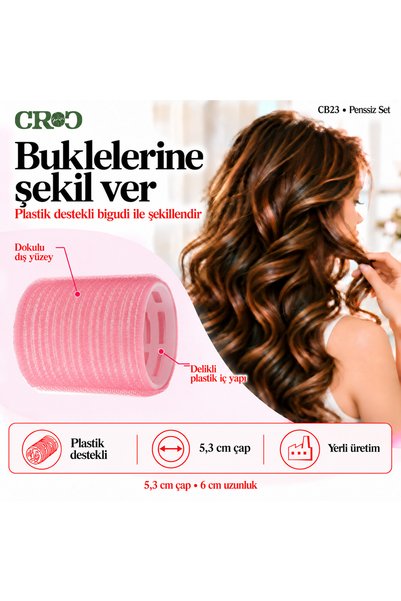 Croc 4lü Büyük Boy Plastik Bigudi Pembe CB23 - Cırtlı Yapışkanlı Saç Bigudisi