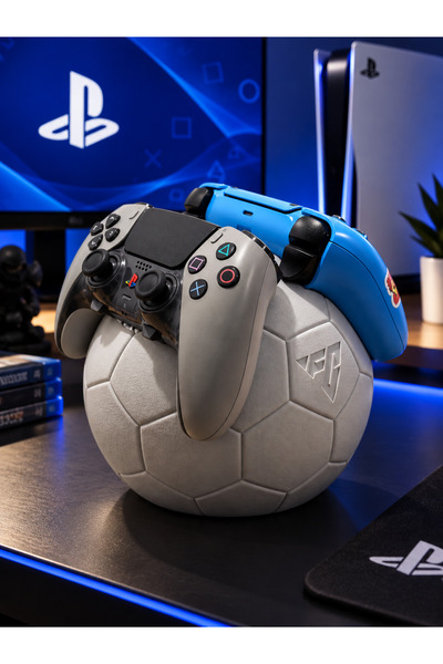 EA FC Temalı Gri Futbol Topu PS5 DualSense Kol Standı – 2’li Oyun Kolu Tutucu – Gamer Masaüstü Dekoru
