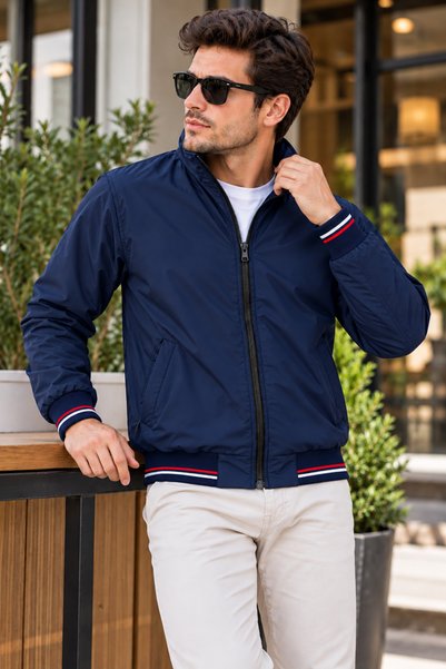 Wise&Go Store Men's College Collar Windbreaker Raincoat with Zipper Pockets Seasonal Coat Jacket