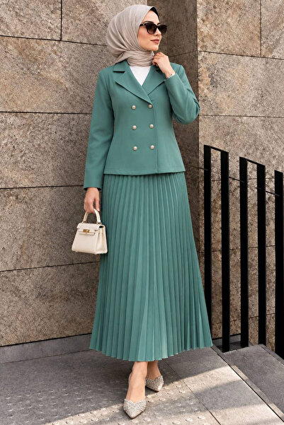 Neva Style Jacketed Green Hijab Dress and Skirt Double Set 12601Cy