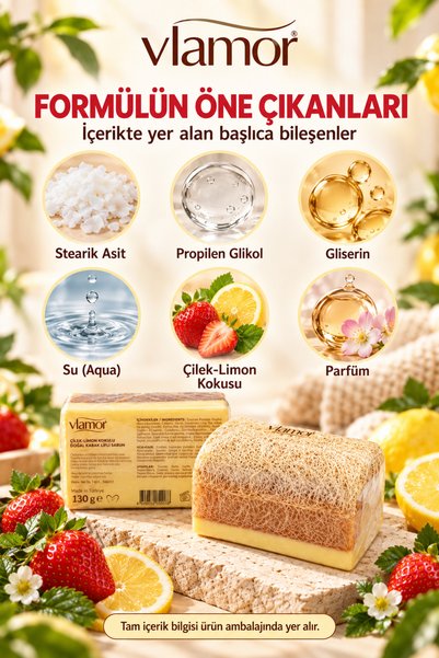 Vlamor Natural Pumpkin Fiber Solid Soap with Strawberry and Lemon Scent 130Gr