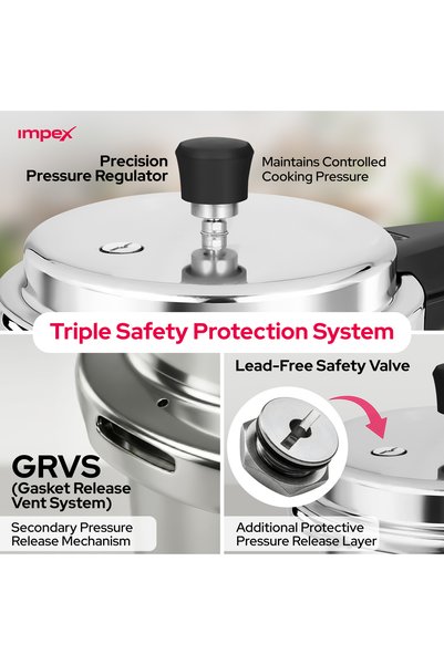 IMPEX PRESSULE COOKER 5LTR CAPACITY -OUTER LID MADE IN INDIA- ALUMINIUM, GRVS SAFETY,ERGONOMIC HANDLE