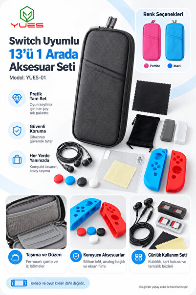 YUES Switch Uyumlu 13 Parça Aksesuar Seti Taşıma Çantası Silikon Kılıf Ekran ...