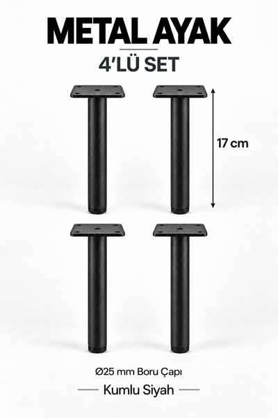 NİKSA METAL Boru Ayak 17cm Siyah 4lü Set-Modern Metal Ayak-Mobilya Ayağı-Baza...