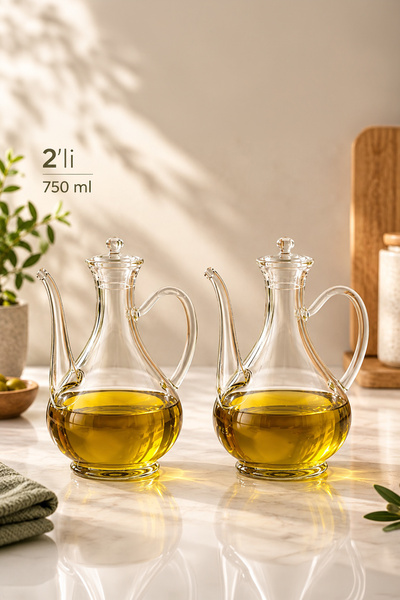 Porsima 5323 2li Borosilikat Cam Zeytinyağ Şişesi Takımı - 2li Yağlık ve Sirkelik Seti 750ml+750ml