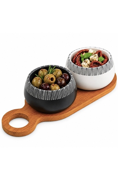PUFO Set of 2 ceramic bowls with bamboo wood tray – serving set for appetizer...